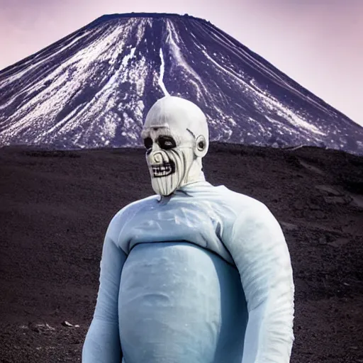 Image similar to mr freeze standing near a volcano, photography,