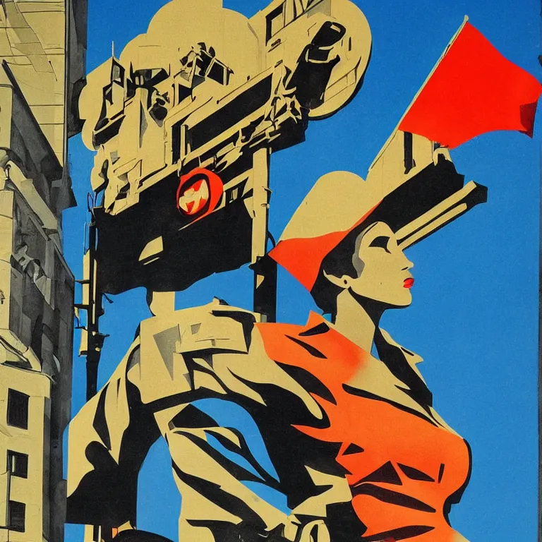 Image similar to Street-art in style of soviet poster, photorealism, retro futurism