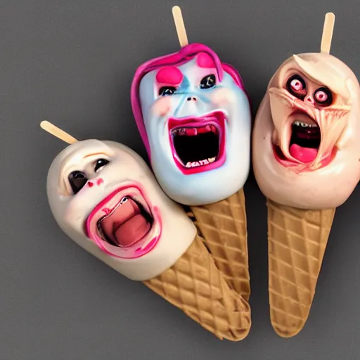 Prompt: a large variety of ice cream popsicles shaped like screaming chucky dolls, octane render