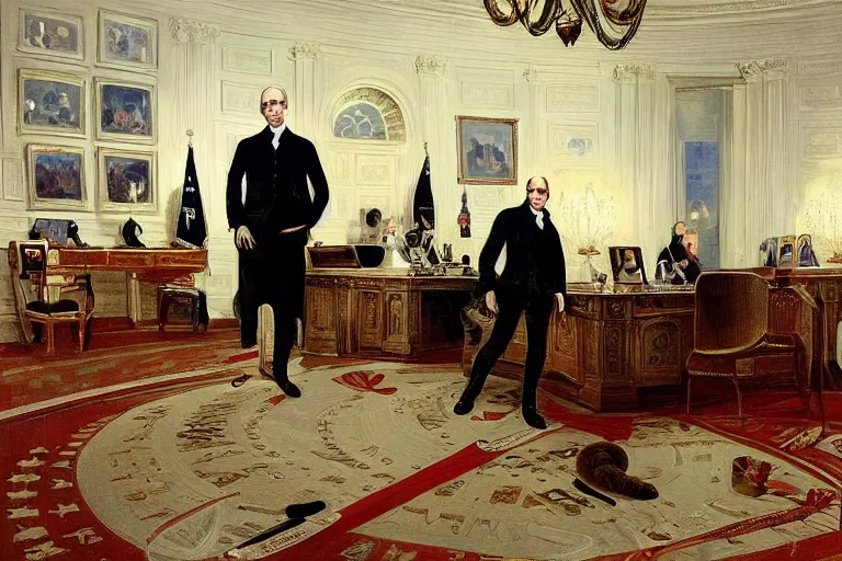 Prompt: a grand portrait of a tall terrifying alien president in the white house oval office. majestic room. he is surrounded by alien advisors. in the style of american impressionist painting. in the style of 1 8 0 0 s romanticism painting. in the victorian era. fantastic composition. dramatic lighting. lots of aliens. aliens. aliens.