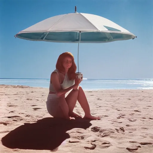 Image similar to a beautiful photo of an astronaut on the beach under a beach umbrella, summer sun, 1 9 7 0, soft light, morning light, photorealistic, realistic, octane, 8 k, cinematic shot