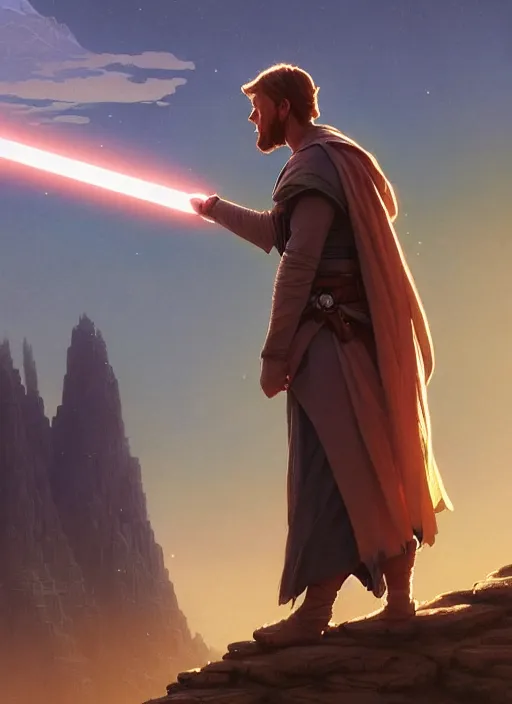 Prompt: Highly detailed portrait of Obi-wan saying I have the high ground, Stephen Bliss, unreal engine, fantasy art by Greg Rutkowski, Loish, Rhads, ferdinand knab, Makoto Shinkai and Lois van baarle, ilya kuvshinov, rossdraws, Tom Bagshaw, alphonse mucha, global illumination, radiant light, detailed and intricate environment