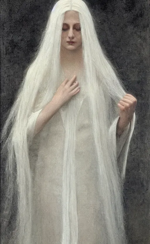 Image similar to say who is this with silver hair so pale and wan! and thin!? female angel, wearing white robes flowing hair, pale fair skin, you g face, silver hair, covered!!, clothed!! lucien levy - dhurmer, fernand keller, oil on canvas, 1 8 9 6, 4 k resolution, aesthetic!, mystery