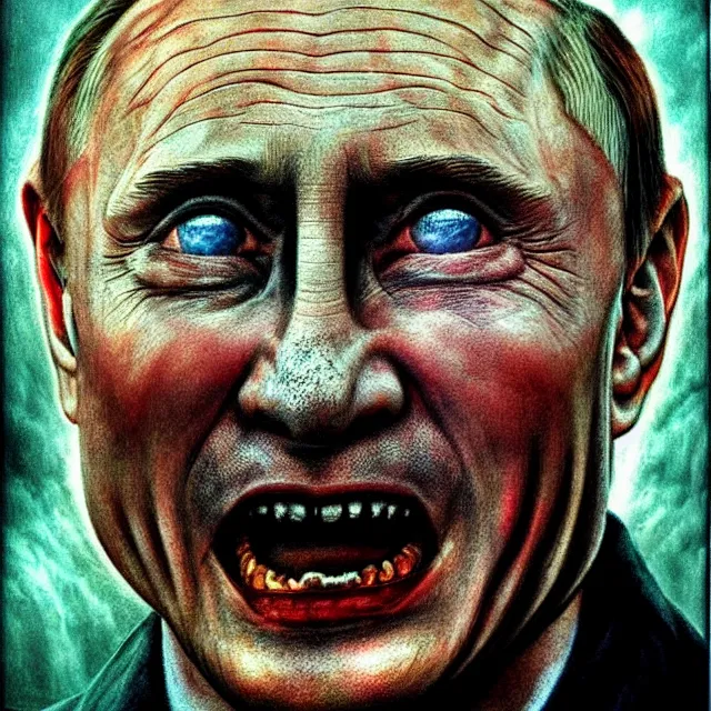 Prompt: putin with chikatilo smile, hyper - realistic, sharp focus, depth of field, hyper - detailed visionary art, symmetric, hell, holy halo, dramatic ambient lighting, high detail, vibrant colors,