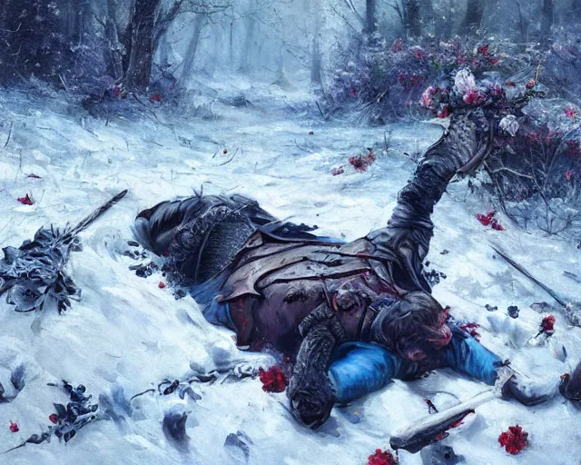 Image similar to Highly realistic oil painting of a wounded knight lying in the snow, surrounded by blue flowers, blood on flowers, by greg rutkowski, highly detailed, cinematic lighting, moody, dark