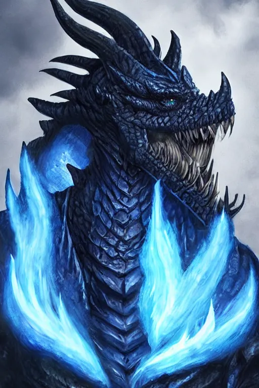 Prompt: a D&D character of a dark blue dragonborn with large tusks, half of his face flaming with blue flame, he wears a black dragon scales armor, D&D art