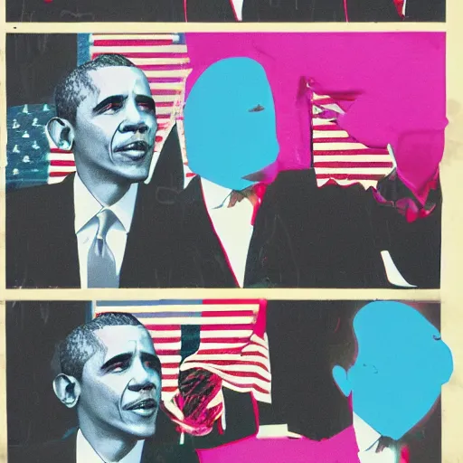 Prompt: obama in a suit and tie with a creepy face, a screenprint by warhol, reddit contest winner, antipodeans, hellish, anaglyph filter, hellish background