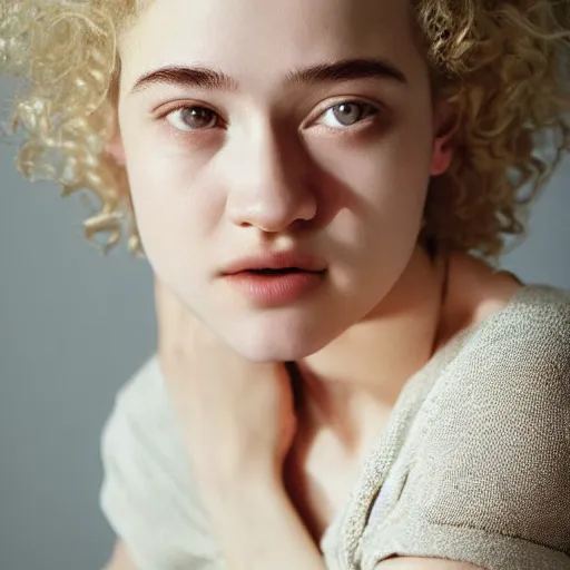 Prompt: julia garner, beauty, half body portrait, greg kutkowski, sharp details, soft lighting, subsurface scattering, pearls of sweat, glistening skin, warm lighting