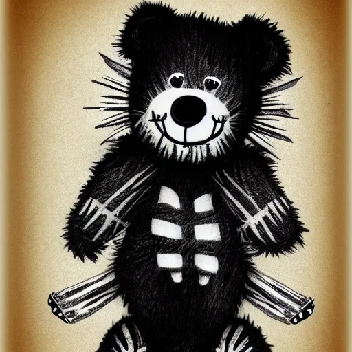 Image similar to Emo teddy bear, black line art, in style of Tim Burton