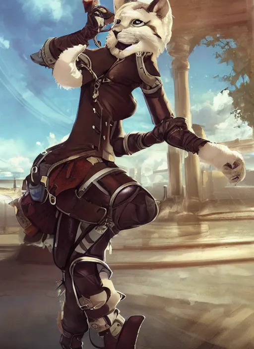 Image similar to wide angle beautiful full body portrait of a strong female anthropomorphic anthro lynx fursona wearing a steampunk leather pants. from behind, paw pads, character design by disney, anime, manga, charlie bowater, ross tran, artgerm, and makoto shinkai, detailed, soft lighting, rendered in octane, white fur, white lynx face