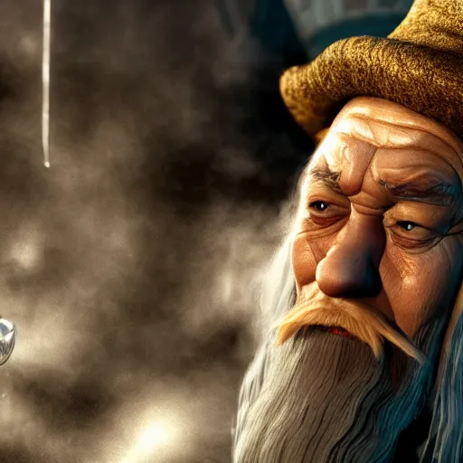 Prompt: gandalf attacks bikini bottom, high detail shot, smoking, render, cgsociety, photorealism