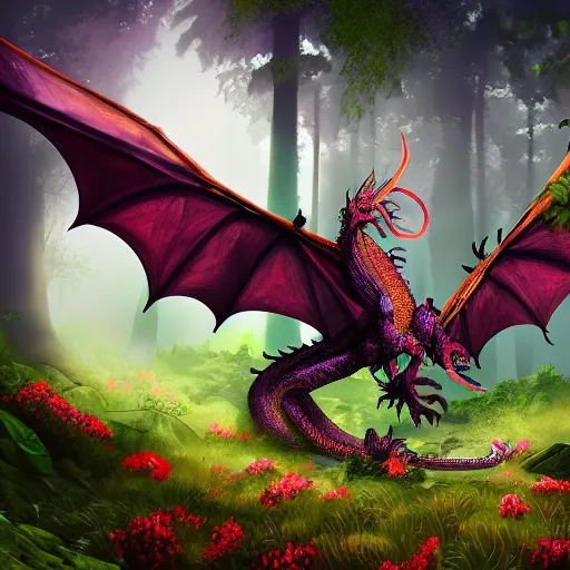 Prompt: a dragon made out of flowers, in a forest glade, 4 k digital artwork, concept art