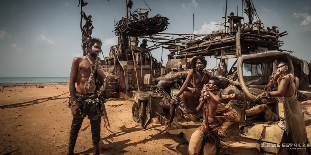 Prompt: sri lankan mad max style on a ship, ocean, film still, epic shot cinematography, rule of thirds