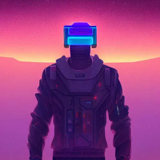 Image similar to realistic man standing in high desert, cyberpunk, digital art, trending on artstation, neon, desert, stars, vaporwave, retrowave, synthpop, 1 9 8 0 s, colorful, glowing, purple