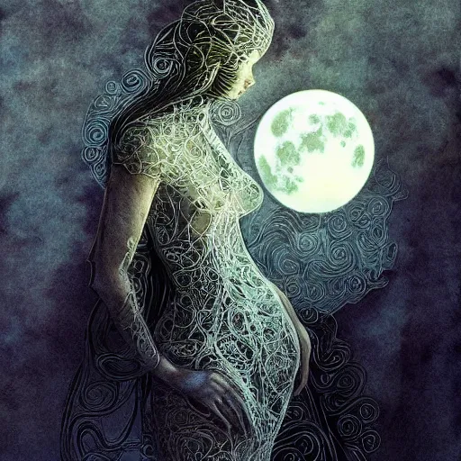 Image similar to figurines looking at the full moon, transparent soul leaving the body, dramatic cinematic lighting, filigree, lace, art by loish, dave mckean