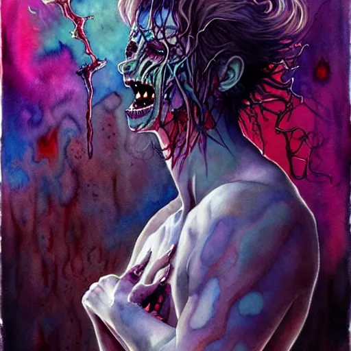 Image similar to watercolor spiritual horror lsd art in muted colors, disturbing grunge still of a lovecraftian demon infested guy flirting with you, by arthur adams, by tom bagshaw, by henry asencio, by kikuchi hideyuki