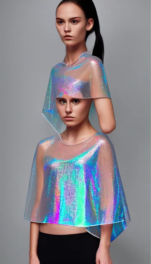 Image similar to transparent poncho, holographic plastic, pearl shine translucency, fashion design, neon illumination, qr detailed sleeves, sport photoshoot - w 6 4 0