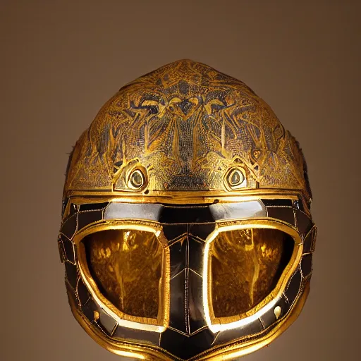 Image similar to symmetrical product photograph of a highly detailed ominous helmet made from animal skulls and gold inlay, damaged