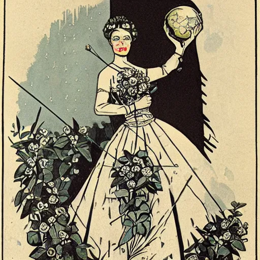 Prompt: a royal portrait of a cyborg woman. she holds a globe in one hand and flowers in the other. illustrated by burton rice. 1 9 1 2.