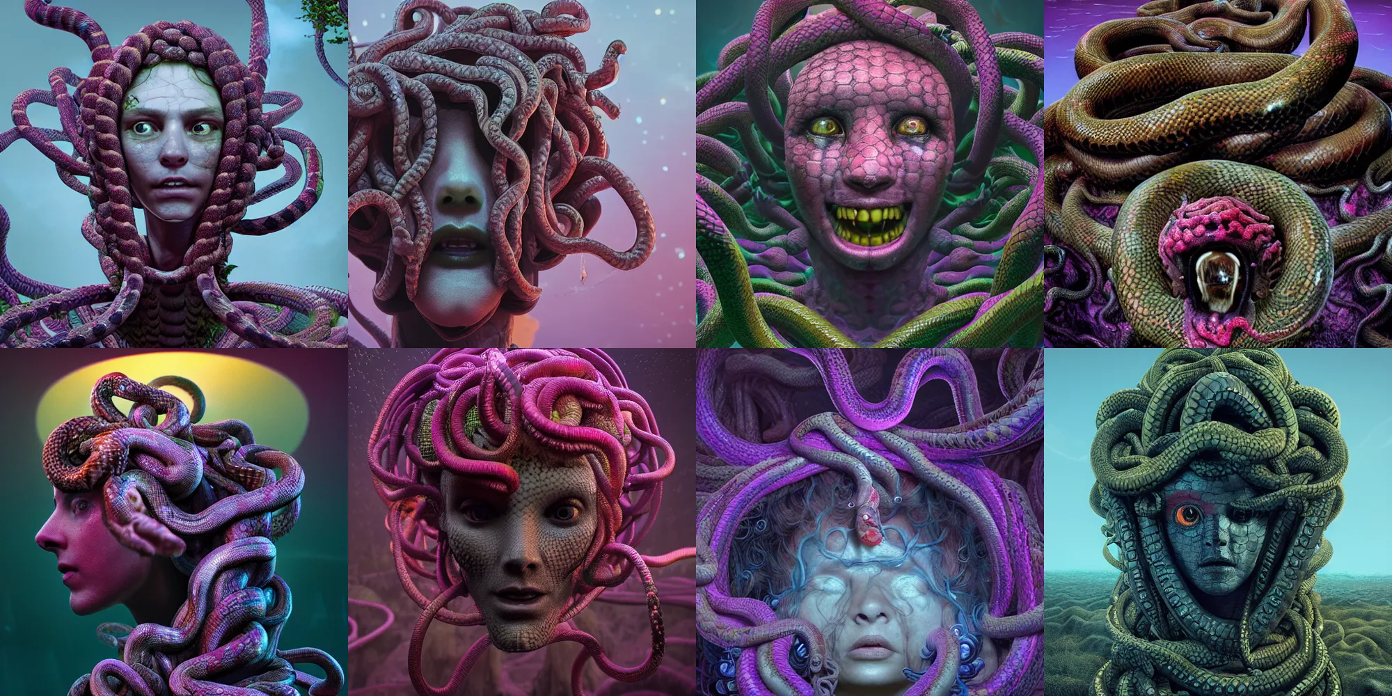 Image similar to creepy medusa gorgon gaze head, highly detailed snakes, beautiful flowers, beautiful dark creepy landscape, in the style of beeple and mike winkelmann, intricate, epic lighting, cinematic composition, hyper realistic, 8 k resolution, unreal engine 5, raytracing, ultraviolet colors,