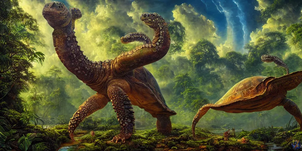 Image similar to fantasy oil painting, great leviathan, turtle cephalopod terrapin reptilian pachyderm amphibian hybrid, rainforest mountains, lush plants flowers, epic natural light, bright clouds, luminous sky, outer worlds, cinematic lighting, michael cheval, michael whelan, vray, 8 k hd