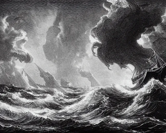 “An engraving of a kraken attacking a sailing ship in | Stable ...