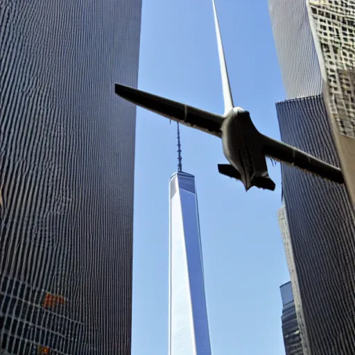 Image similar to Barney the Dinosaur flying a 777 right into one of the world trade center buildings