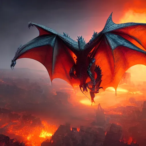 Prompt: horror dragon flying over a city, fire, lava, smoke, ethereal, matte painting, highly detailed, by eddie mendoza and tyler edlin, 8 k resolution