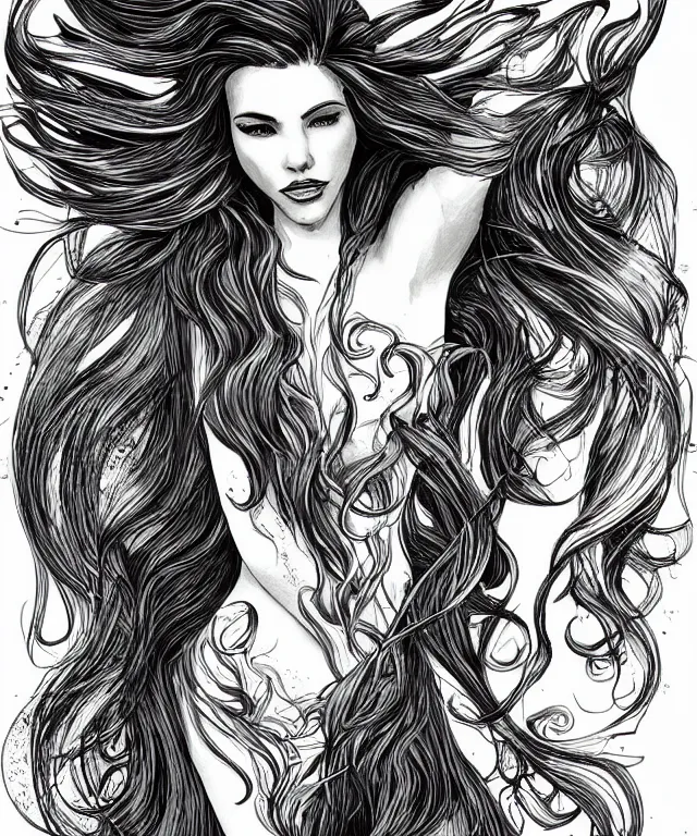 Image similar to black and white illustration, creative design, dark fantasy, beautiful mermaid with flowing hair