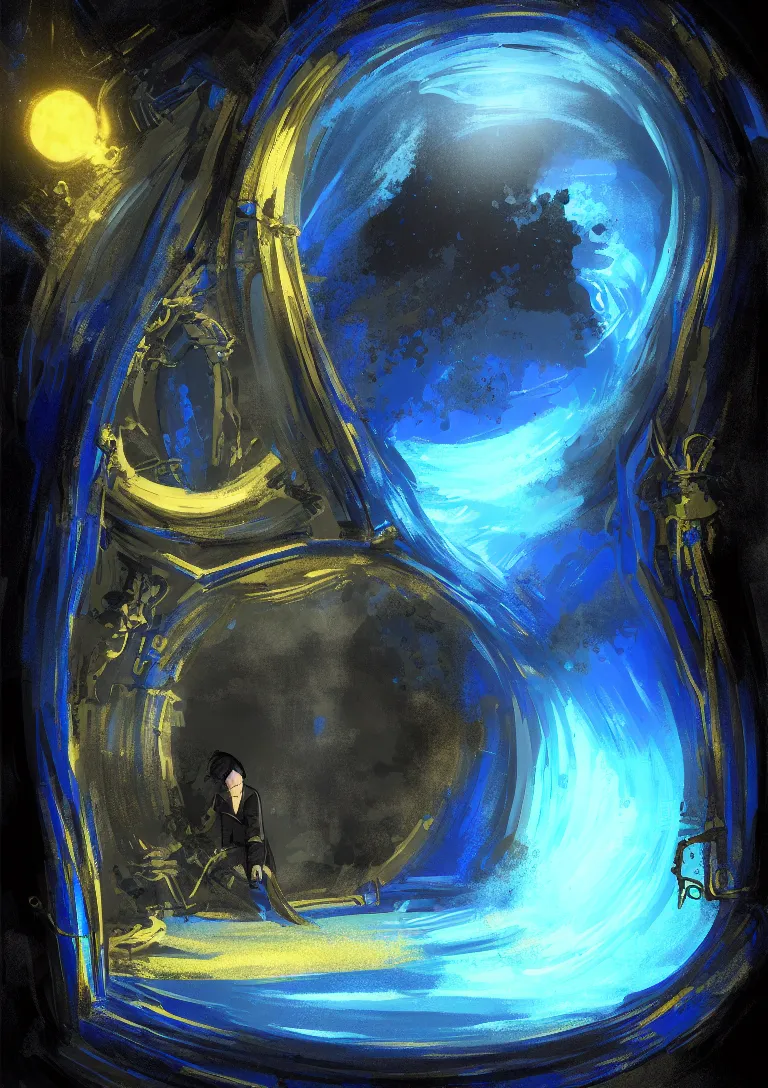 Image similar to The portal into his imagination. High concept art. Introspective. Blue black gold themed.