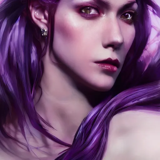 Prompt: beautiful close up portrait vampire purple ponytail, crystal armor, elegant, detailed. epic cinematic hyperrealism masterpiece. realistic poster with shaded lighting by craig mallismo, artgerm, jeremy lipkin and michael garmash, unreal engine, radiant light, detailed and complex environment, digital art, art station trends, detailed faces, detailed eyes