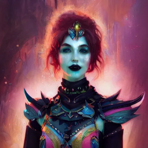 Prompt: Portrait of gothic smiling pale girl with piercing in bikini armor, bright colors, elegant, vibrant, fantasy, intricate, smooth, artstation, painted by edgar maxence, greg rutowski, ross tran, artgerm
