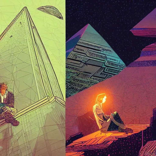 Image similar to Stunningly intricate illustration of a cyberpunk explorer meditating next to a floating triangular glowing monolith, highly detailed, midnight, by Victo Ngai and James Gilleard , Moebius, Laurie Greasley