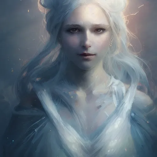 Image similar to a portrait of a beautiful lady with adorable eyes, praying, light smiling, art of wlop and greg rutkowski, epic fantasy art, bright light masterpiece, ray of light through white hair