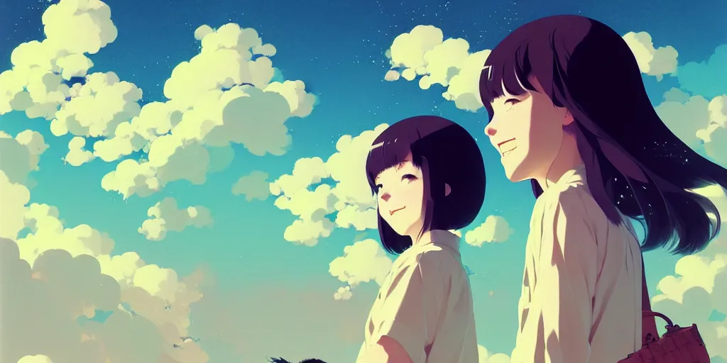 Image similar to portrait of a smiling girl by ilya kuvshinov, cloudy sky background lush landscape ln illustration concept art anime key visual trending pixiv by victo ngai fanbox by greg rutkowski makoto shinkai takashi takeuchi studio ghibli