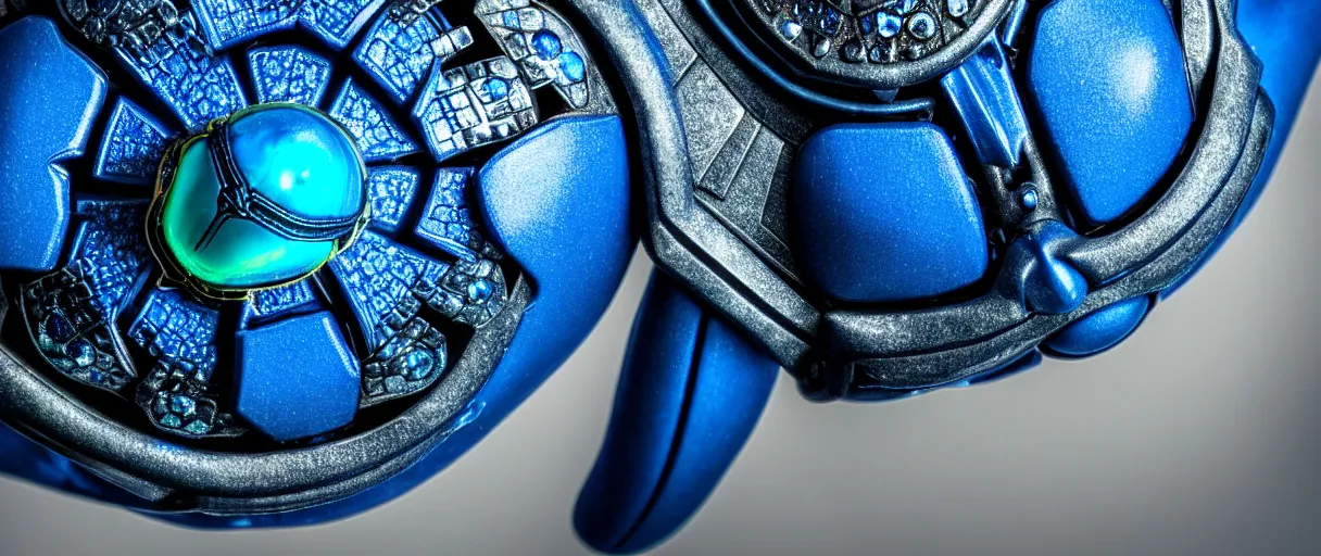 Image similar to highly detailed scarab high quality photo with jeweled gorgeous moody blue lighting octane low angle hd 8k sharp shallow depth of field