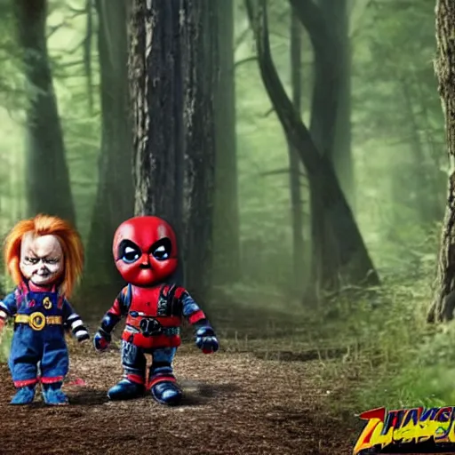 Image similar to chucky the doll and deadpool in the woods together 4 k detailed super realistic