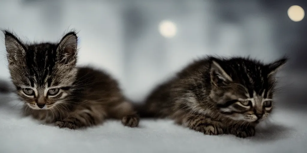 Prompt: cinematic photo of a single kitten with long ears. it is lying in the snow under the moonlight, studio lighting, in the style of rodger deakins and greig fraser and david fincher and denis villeneuve, moody, rim light, beautiful lighting, 8 k, stunning scene, blade runner, dune, seven,