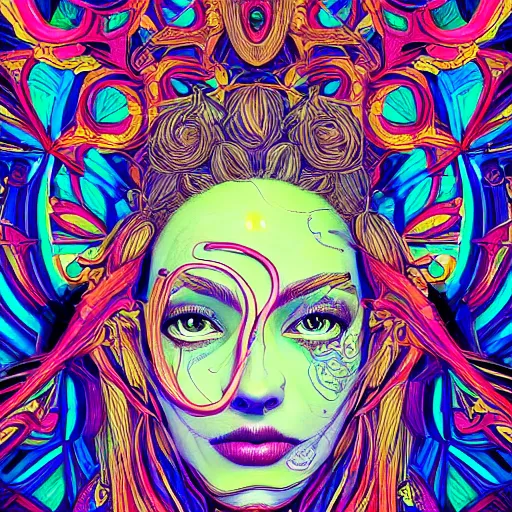 Image similar to the head of a ridiculously beautiful and pretty woman partially made of onion rings of all colors looking up, an ultrafine detailed illustration by james jean, final fantasy, intricate linework, bright colors, behance contest winner, vanitas, angular, altermodern, unreal engine 5 highly rendered, global illumination, radiant light, detailed and intricate environment