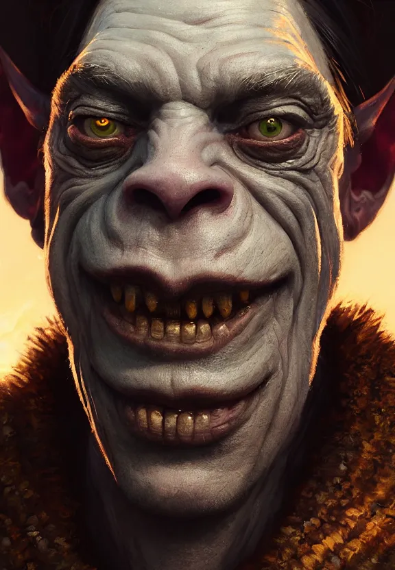 Image similar to highly detailed close up portrait of steve buscemi as a fantasy orc, in skyrim, stephen bliss, unreal engine, fantasy art by greg rutkowski, loish, rhads, ferdinand knab, makoto shinkai and lois van baarle, ilya kuvshinov, rossdraws, tom bagshaw, global illumination, radiant light, detailed and intricate environment