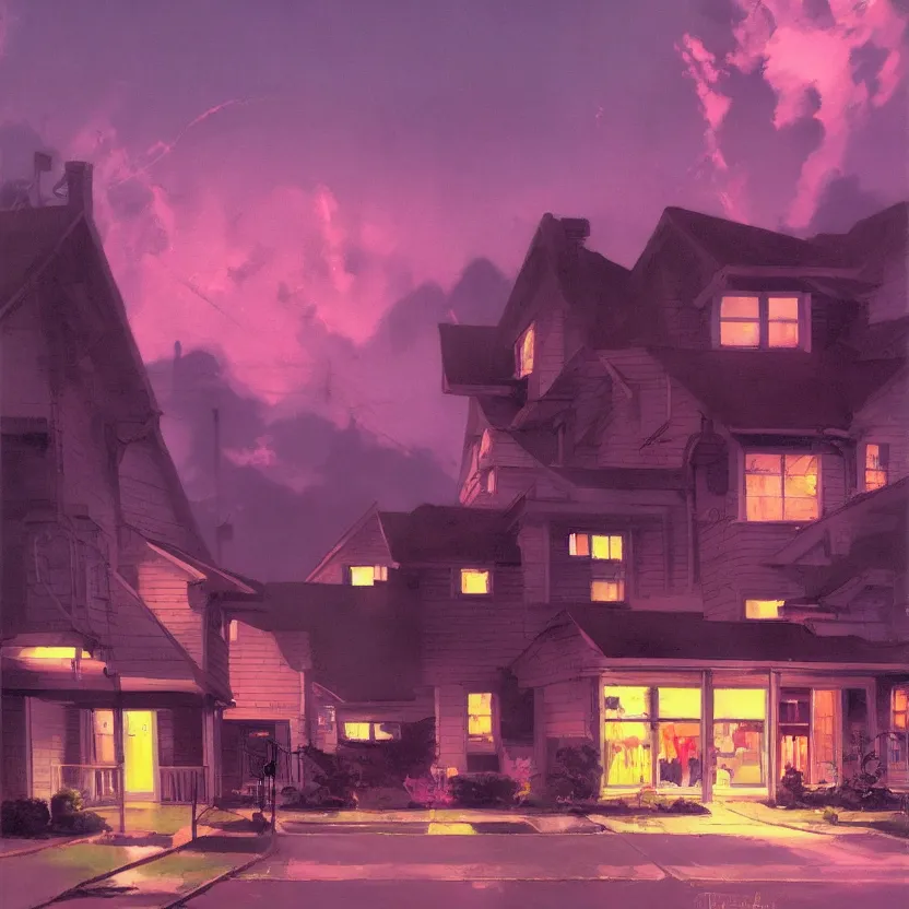 Prompt: a suburban neighborhood with deep pink, purple, and orange glowing clouds. misty atmosphere. highly detailed science fiction painting by norman rockwell, frank frazetta, and syd mead. rich colors, high contrast, gloomy atmosphere, dark background. trending on artstation.