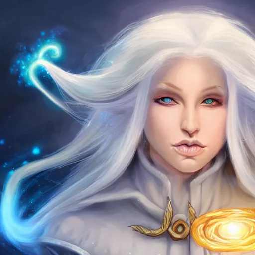 Image similar to Beautiful white haired aged fair skinned scholar elf with spell scroll and lightning background, full body, symmetrical, realism, digital painting, detailed artwork, portrait, mythical, artstation