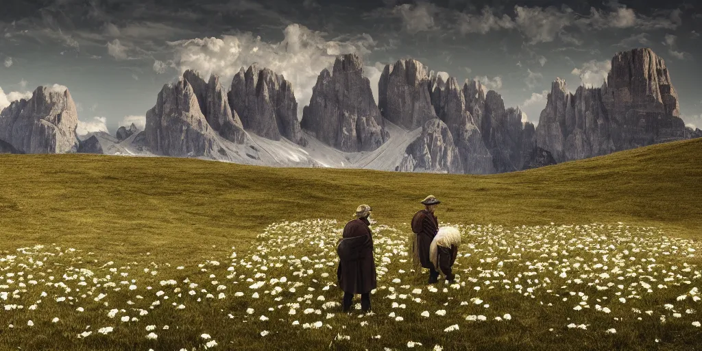 Prompt: old farmers turning into edelweiss monsters ,roots and hay coat, dolomites in background, dark, eerie, despair, portrait photography, artstation, digital art, adward winning, concept art, artstation, highly detailed, sharp focus, by caravaggio