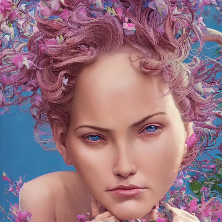 Prompt: closeup portrait of a swirly pink haired cyborg from movie ex machina wearing baby blue greek clothes, muted colors, colorful flowers, tropical, sunlight filtering through skin, dynamic hair movement, dynamic pose, glowing butterflies, j. c leyendecker, by alan lee, wlop! illustrated by starember, fantasy art by craig mullins