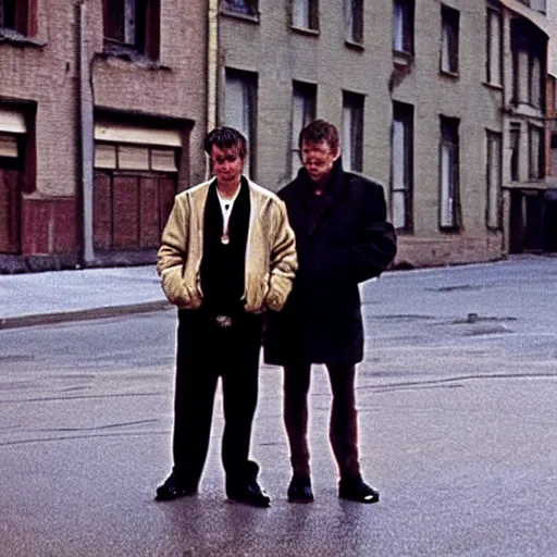 Prompt: portrait of alexandr zembatov and mikhail alontsev, tall and small, posing on a street in gangsta comedy of 1990s, movie shot, Lock, Stock and Two Smoking Barrels