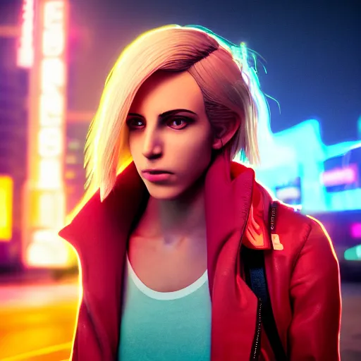 Image similar to Annie Leonhart in a neon city, octane render 8k, atmospheric render