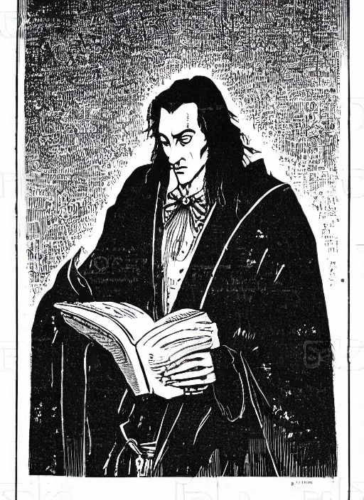 Prompt: dracula reading a book, art by james o barr and albrecht durer, woodblock print, engraved, black and white, vector, vector art