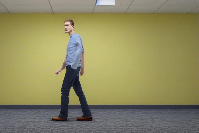 Image similar to 3 d render of jerma 9 8 5, jerma walking around in the backrooms, jerma walking in endless halls of completely empty office space with worn light mono - yellow 7 0 s wallpaper, old moist carpet, and inconsistently - placed fluorescent lighting | liminal space | non - euclidean space | high octane | blender | 3 d render