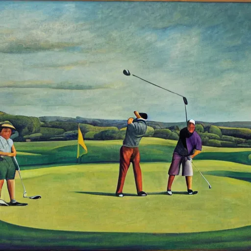 Image similar to Three golfers on a beautiful golf course driving range, by Diego Rivera