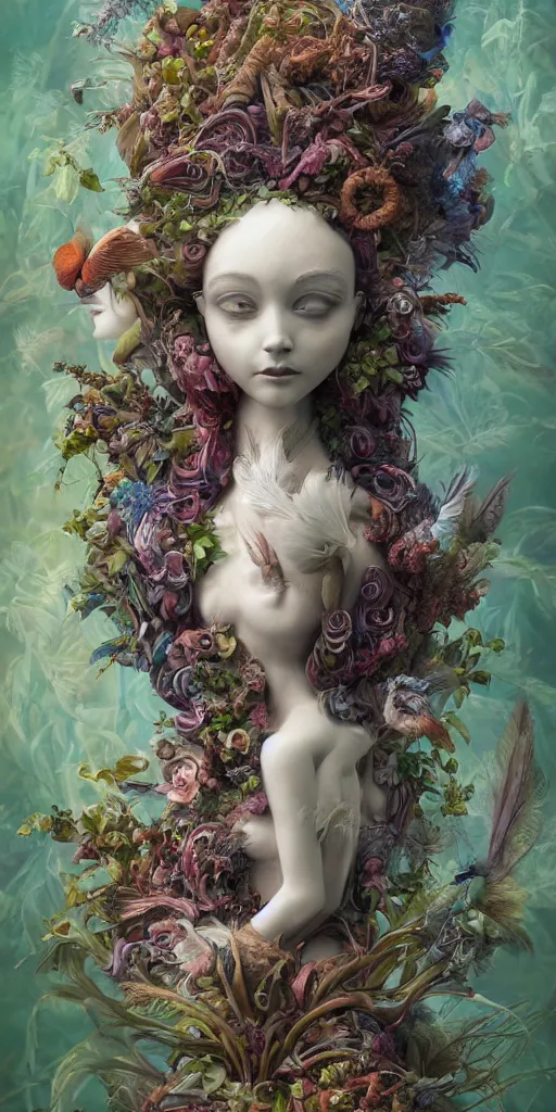 Image similar to a sculpture of mythical creatures by hannah yata, elegant female emerging from feathers and plants, leaves and vines, artstation, concept art, ambient occlusion, vray render,